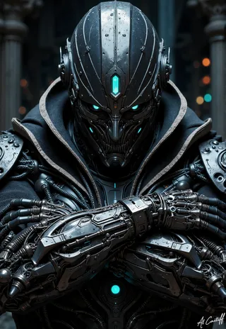 Dark obsidian sentinel with glowing blue sigils on its helmet, intricate mechanical exoskeleton and crossed mechanical arms.