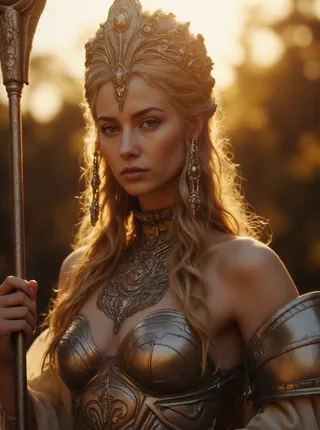 Woman with blonde hair in ornate golden armor and crown holding a staff outdoors during golden hour sunlight