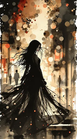 Silhouette art of a stunning Japanese woman with long flowing hair and a sexy dress walking on a city street at night, framed by sepia ink wash and bokeh lights.