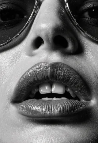 Black and white macro close-up of a woman's lips with glossy lipstick, visible skin texture, nose, and sunglasses, illuminated by dramatic lighting.