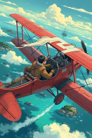Cinematic anime-style illustration of a pilot flying a red vintage seaplane biplane over the sparkling blue Mediterranean Sea with islands below, wearing aviator sunglasses and a brown leather jacket.