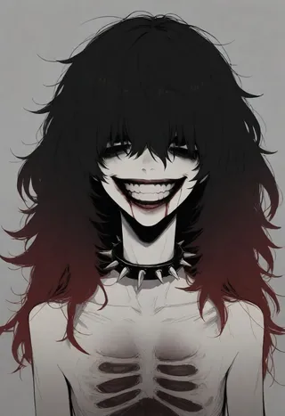Close-up portrait of a gaunt figure with long messy hair covering dark black eyes, a wild sinister smile, blood around the mouth, and a spiked collar.