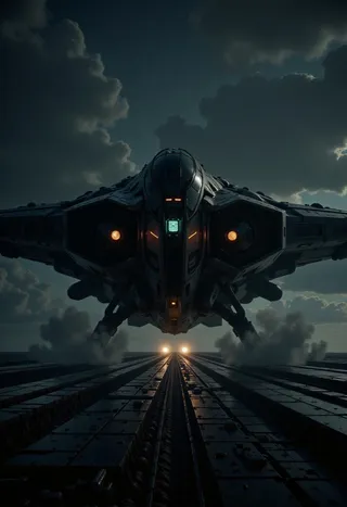 A futuristic fighter plane made of dark gunmetal alloy with glowing LEDs taking off from an aircraft carrier at night, viewed from the front with landing gear extended.