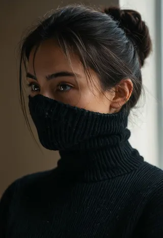 Close-up portrait of a young woman wearing a black turtleneck sweater pulled partially over her face, lit by natural side lighting from a window, with a soft background.