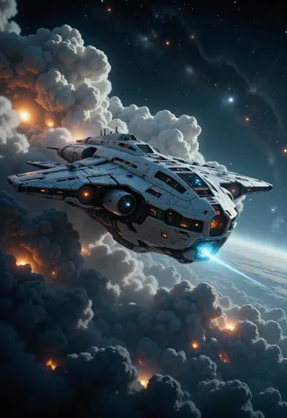 A futuristic white spaceship with red and blue accents cruising diagonally through dense interstellar clouds and nebulas in deep space, featuring glowing LEDs and cockpit lights.
