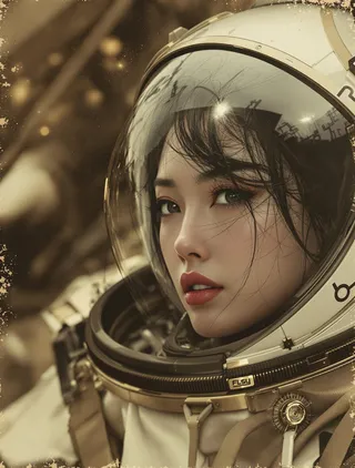 Closeup portrait of a beautiful oriental space explorer wearing an advanced spacesuit with detailed fabric and loose disheveled hair, set against an abstract sepia-tinged background with chiaroscuro lighting.