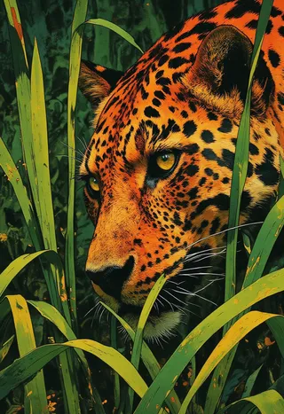 Close-up of a leopard’s face partially obscured by tall green grass, showcasing sharp patterns and intense golden eyes with natural soft lighting.