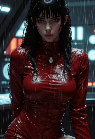 A woman with wet black hair and a mole under her mouth wearing a tight red Star Trek uniform inside a spaceship bridge with rain falling around her.