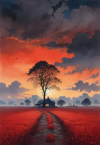 A detailed watercolor painting of a silhouette tree and cottage under a vibrant red sky with foggy fields and birds flying.
