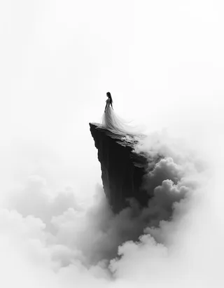 A lone princess with a swirling dress stands on a jagged cliff peak emerging from a sea of clouds in a monochrome Chinese ink wash painting style.