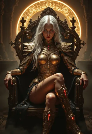 A powerful metal mage queen with silver-white hair and piercing eyes seated on an ornate throne, wearing elegant gold and steel armor with red gemstone inlays, surrounded by arcane machinery and glowing sigils.
