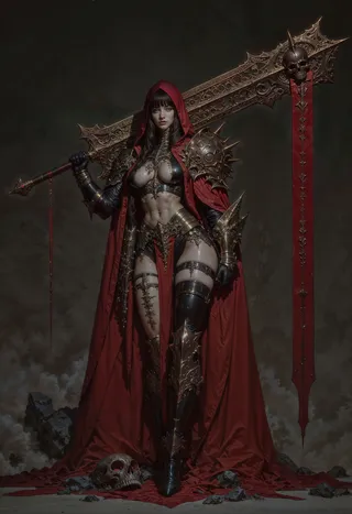 A detailed digital painting of a muscular female warrior in a dark fantasy setting wearing a red hooded cloak, revealing armor, and holding a massive, ornate sword with skull motifs.