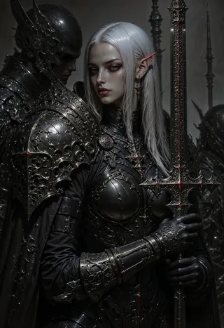 Half-body portrait of a female elf warrior with long silver hair and pointed ears, wearing highly detailed dark ornate armor, holding a large gothic sword, set against a moody, misty background with cinematic lighting.