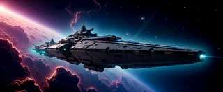 A colossal sci-fi battleship drifts through a vibrant galactic nebula, its angular hull illuminated by glowing laser turrets and powerful engines against a star-filled cosmic void.