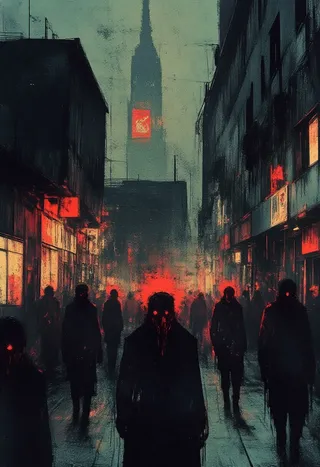 A gritty neo-noir cityscape at dusk featuring dark silhouettes of people walking through a dimly lit urban street with crumbling buildings and glowing red lights.