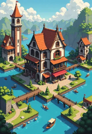 Pixel art scene of perfectly square islands connected by wooden arched bridges, featuring buildings with pointed roofs covered in vineyards, marketplaces, gondolas on water, and intricate walkways.