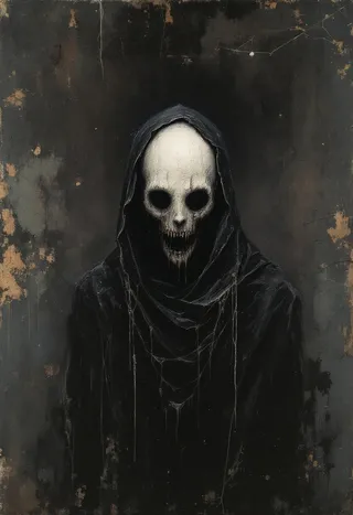 Disturbing dark hooded figure with skull-like face on gritty, aged canvas textured with oil and pastel strokes.