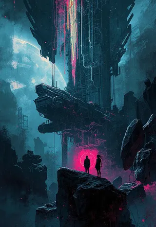 A dark, surreal sci-fi environment featuring a towering spaceship with cables and mechanical details, illuminated by contrasting light and dark tones, with two silhouetted figures standing on rocky terrain.