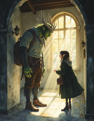 An orc student with antler-like horns and green skin stands in a sunlit college hallway conversing with a petite female elven student, bathed in warm sunlight through a large arched window.