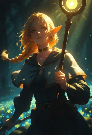An elf mage with blonde braided hair and green eyes holding a glowing staff, illuminated by warm volumetric lighting in a mystical forest setting.