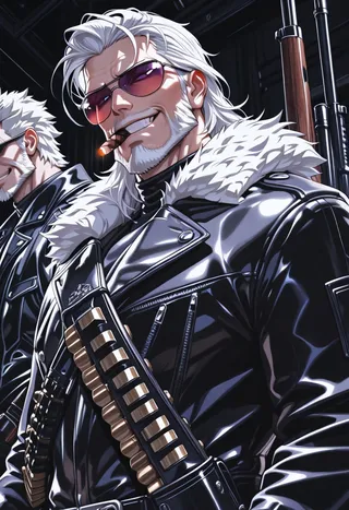 Mature male with white hair and facial hair wearing a fur-trimmed black leather jacket, tinted eyewear, carrying a bandolier and rifle, grinning with a lit cigar in mouth, in cyber art style.