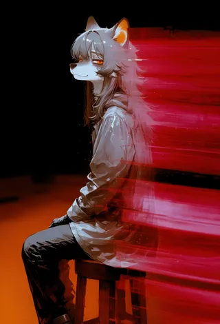 Anthro wolf girl with gray pale fur, orange eyes, and dark gray hair sitting on a wooden stool with a gray raincoat and black gloves, surrounded by red motion blur and light trails