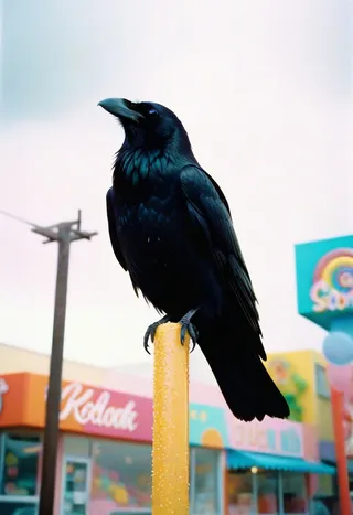 알록달록한 건물과 하늘에서 떨어지는 스프링클이 있는 사탕 테마 도심 배경의 설탕 질감이 덮인 노란 기둥에 앉아 광택 있는 깃털의 검은 까마귀.