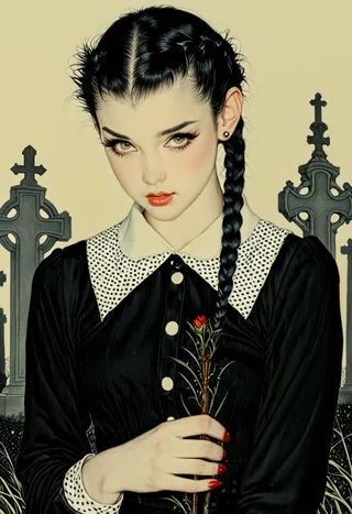 Hyperdetailed colored pencil portrait of a girl with twin braids wearing a black dress with white polka dot collar, holding a thorny stem with blood, against a cemetery background.