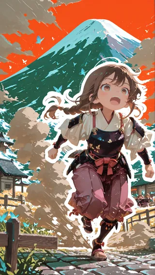 Young girl in Japanese armor with braided brown hair running on a cobblestone path in a village near Mount Fuji, surrounded by butterflies and a vivid orange sky.