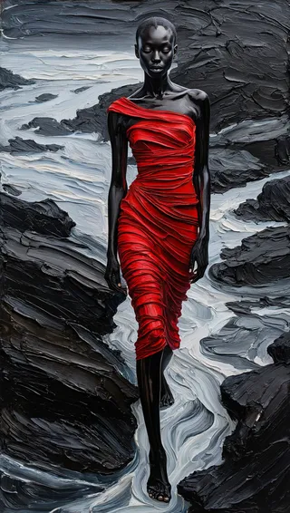 Impasto painting of a woman with ebony skin wearing a vibrant red ruched dress, standing on a rocky cliff with a monochromatic black, white, and gray background.