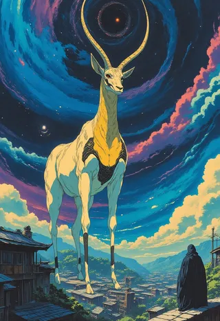 A colossal legendary oryx with pale white fur and glowing celestial patterns stands majestically over an ancient city with traditional Japanese-style buildings under a vibrant colorful sky.
