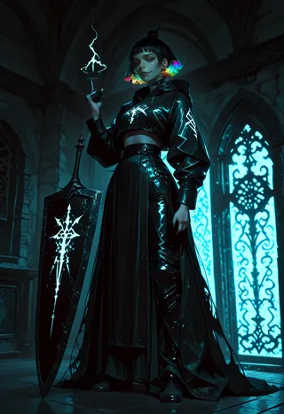 Kobieta z czarnymi włosami trzymająca świecący miecz z runami stoi w ciemnej gotyckiej sali, ubrana w błyszczącą czarną sukienkę i kolorowe kolczyki.