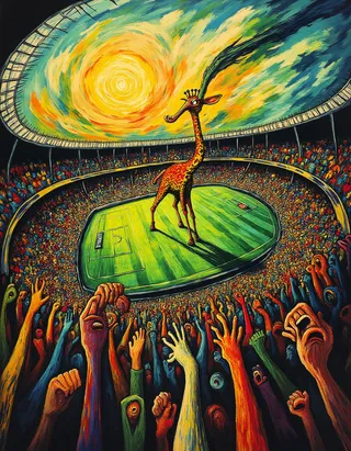 Expressionist cartoon-style painting of a chaotic football stadium filled with a colorful, frenzied crowd, featuring a lone giraffe standing on the green football field under a swirling, dramatic sky.