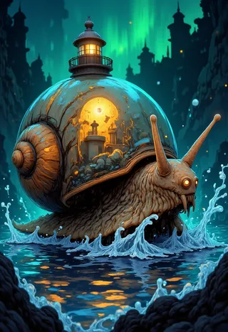 Surreal glowing snail with a lighthouse inside its shell, splashing through water with an ethereal blue-green background.