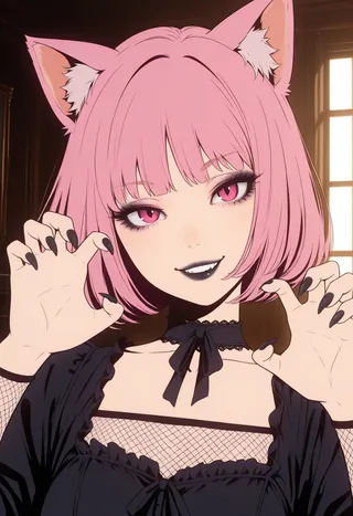 Close-up of a goth girl with pink bob cut hair, cat ears, magenta eyes, and black lipstick, making a cat pose with hands and sharp nails, wearing a gothic dress with fishnet details and choker indoors.