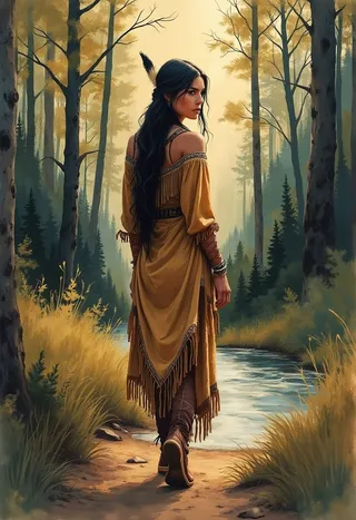 A Native American woman in a side-laced buckskin dress walking towards the viewer along a forest trail near a river valley during golden hour with an abstract wooded background.