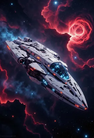 Un vaisseau spatial futuriste blanc avec des lumières LED rouges et bleues navigue en diagonale à travers une nébuleuse interstellaire psychédélique vibrante avec des nuages de poussière rouge et bleue lumineux dans l'espace profond.