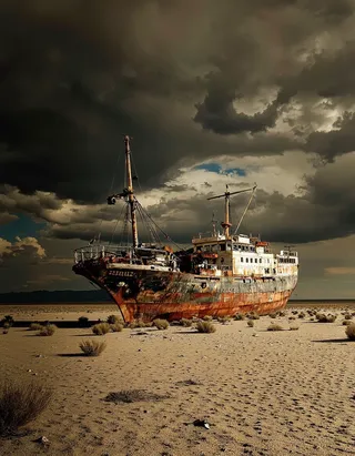 A rusted, dilapidated ship abandoned in the middle of a vast desert with a dramatic, dark stormy sky overhead.