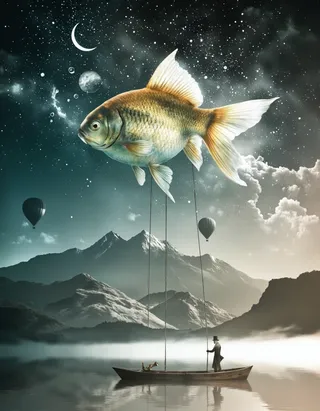 A surreal scene with a large goldfish floating above a wooden boat carrying a man in a top hat, set against a dark stormy sky with a crescent moon, stars, misty mountains, and hot air balloons in the background.