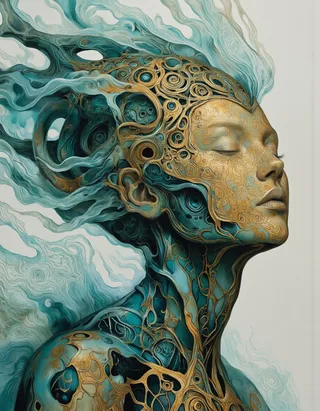 Intricate waist-high portrait of an ethereal alien race in cybergoth fashion, painted with teal and gold tones using palette knives, set against a zentangle fog background.