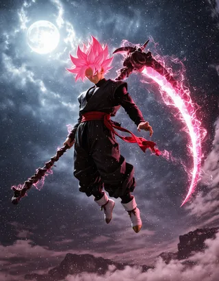 Levitating Goku Black in Super Saiyan Rosé form with spiky pink glowing hair, holding a crackling pink energy scythe, against a dramatic moonlit stormy night sky.
