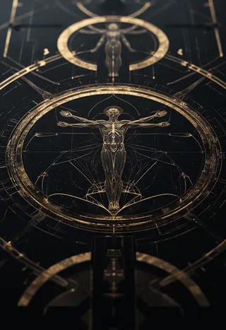 Intricate gold lineart of the Vitruvian Man with Leonardo da Vinci-style diagrams on a dark, gradient background in a cyberpunk aesthetic
