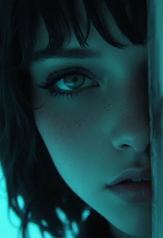 A macro, ultra-close photo focusing on part of a woman's face with black hair, showing fine details like freckles and lashes in low saturation with an otherworldly blue-green atmosphere.