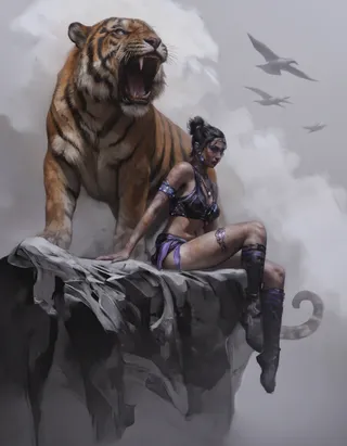 A dark-skinned female warrior with blue eyes and a tribal outfit sits on the edge of a rocky cliff beside a large, roaring tiger under a cloudy sky with flying birds.