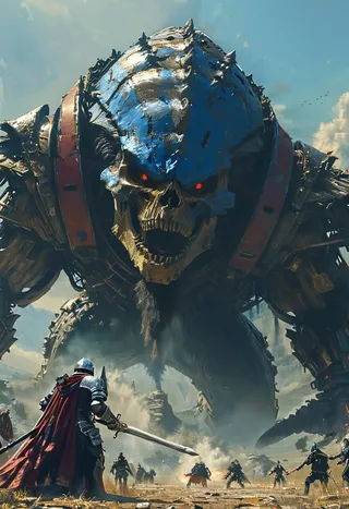A colossal robot with a skeletal face and glowing red eyes towers over a medieval knight wielding a sword and a group of warriors in a detailed, dramatic battlefield setting under a partly cloudy sky.