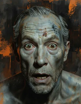 Close-up surreal portrait of an elderly man with grey hair and beard, shocked expression, wide eyes, face covered in grey and black paint, against a dark abstract orange and black background.