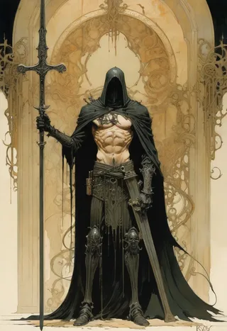 A muscular gothic executioner wearing medieval armor and a dark cloak, holding a large sword, standing in front of an ornate art nouveau background.