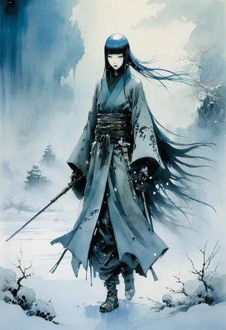 A futuristic xianxia wanderer in traditional attire walking through a misty winter landscape, portrayed in an ink-wash painting style inspired by Ashley Wood and Kay Nielsen.