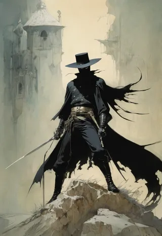 Zorro stands on rocky terrain in a dramatic stance, wearing a wide-brimmed black hat and torn black cape, against an old town backdrop.
