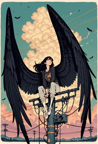 Illustration of a harpy girl with huge black wings sitting on a powerline pole against a cloudy sky with scattered black feathers.